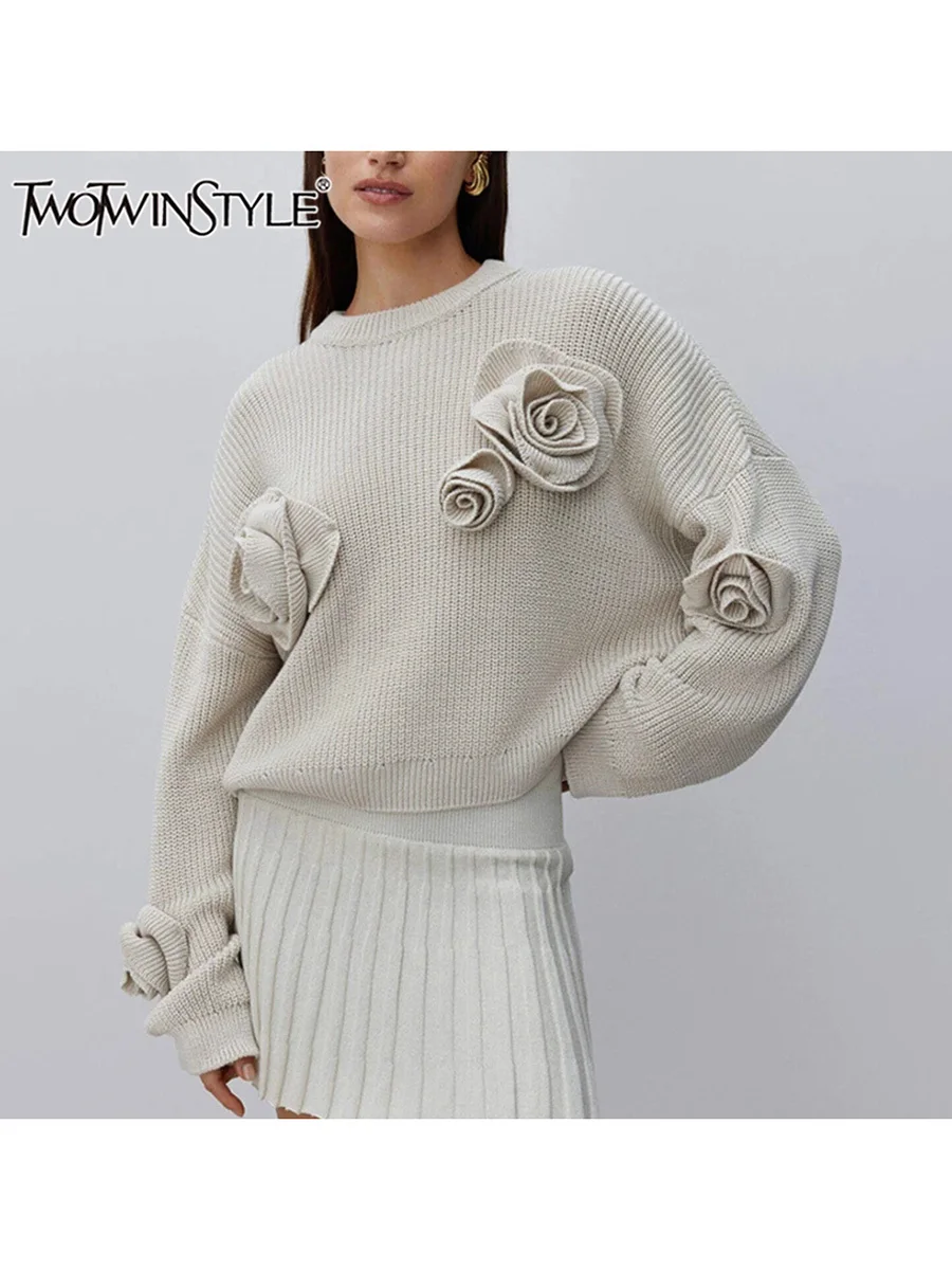 TWOTWINSTYLE Solid Patchwork Appliques Knitted Sweaters For Women Round Neck Long Sleeve Chic Loose Pullover Sweater Female New