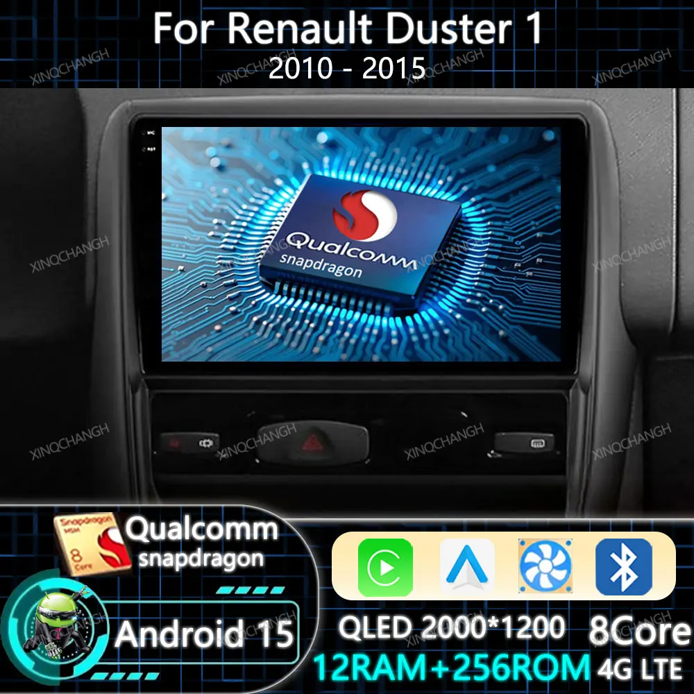 Rádio de Carro Android 15 Carplay Auto para Renault Duster 1 2010 - 2015 Unidade Principal Qualcomm 2DIN QLED BT Navegação GPS 4G WIFI BT GPS