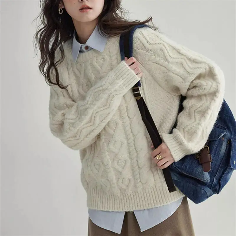 

Fashion Casual Women Winter Soft Warm Thick Knit Sweater Oversized Round Neck Casual Japanese style Cotton Knit Sweater