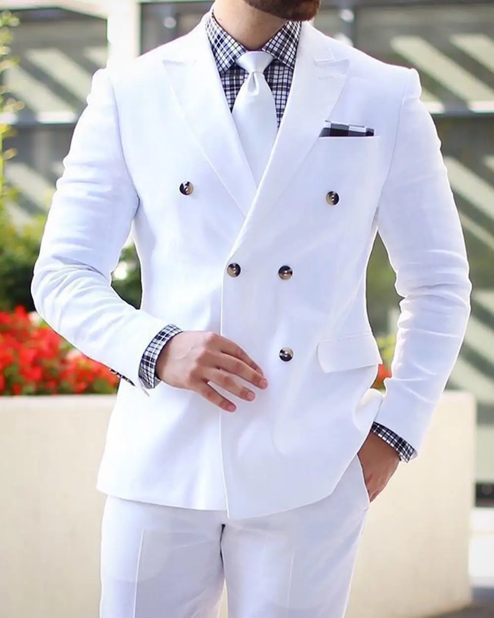 

White Men Suits Custom Made Slim Fit Double Breasted Blazer Wedding Groom Tuxedos 2 Pieces Formal Business Suits Jacket