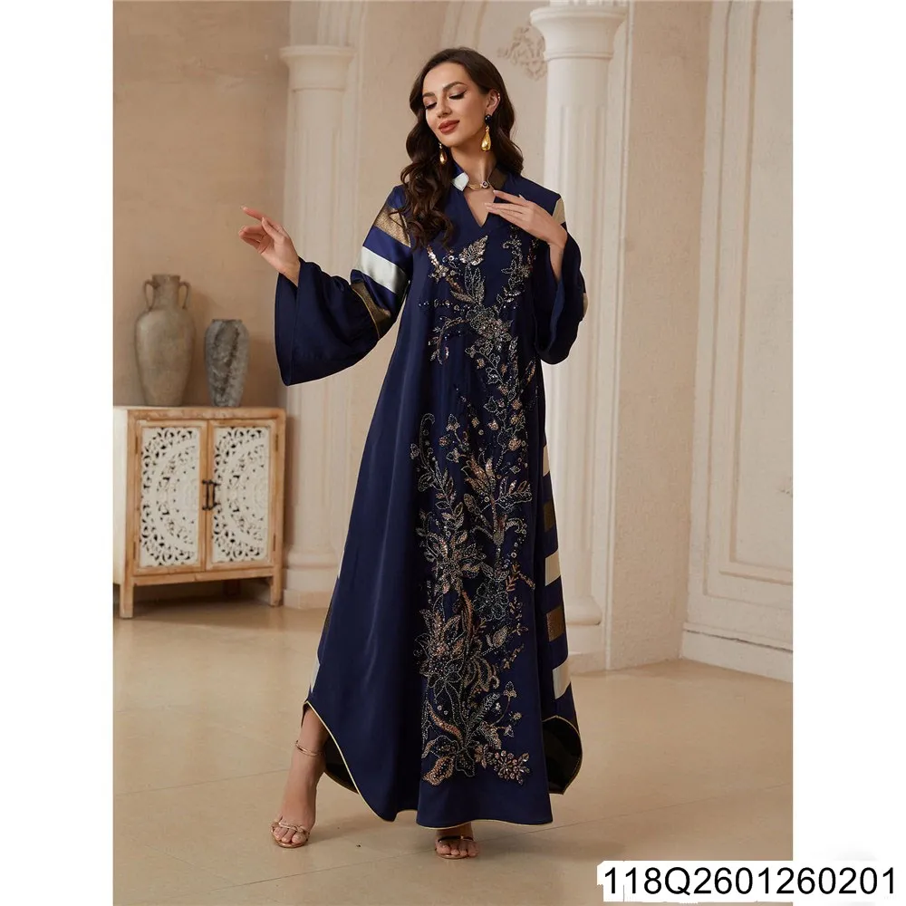 

Heavy Sequined Striped Dress for Women 2026 New Style Loose Muslim Dress 118Q26012602