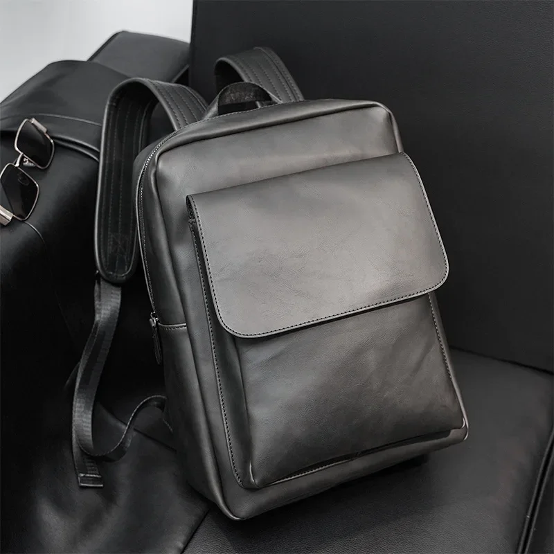 Retro Fashion Laptop Backpack Men Korean Style Flap Men\'s Backpacks High Quality PU Leather Travel Back Bag Student Schoolbags