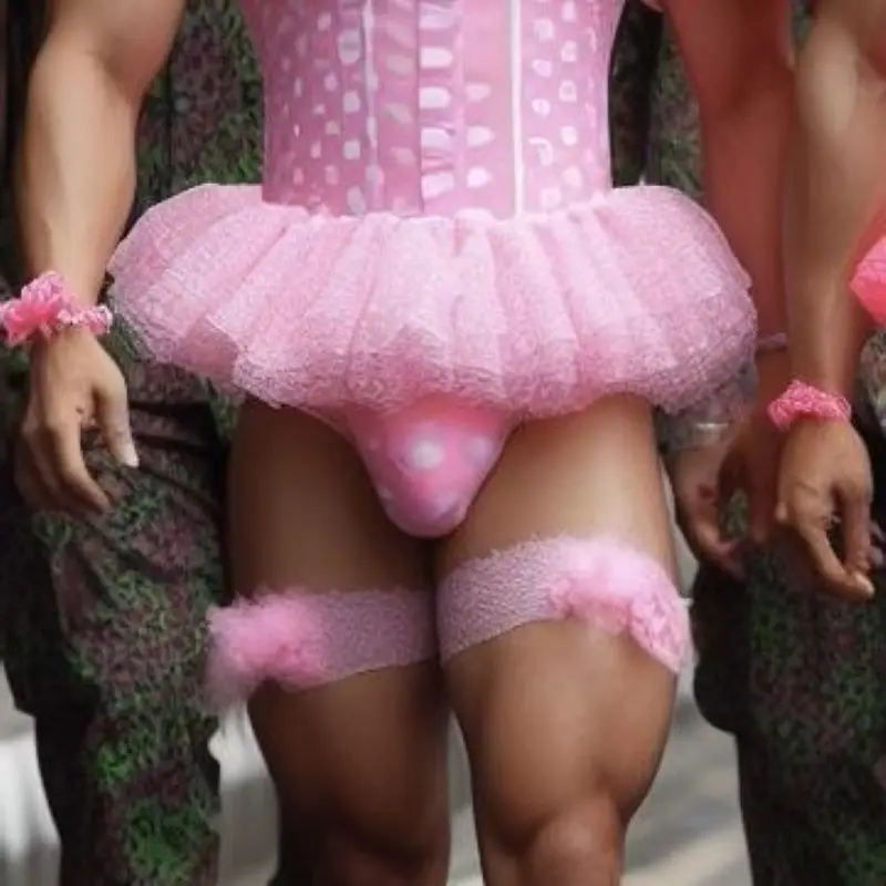 Sissy Bow Ruffles Puff Sleeve Mini Princess Puffy Skirt Cross-dressing Club Party Cosplay Men Sexy Pink Romper Lace Tutu Dress