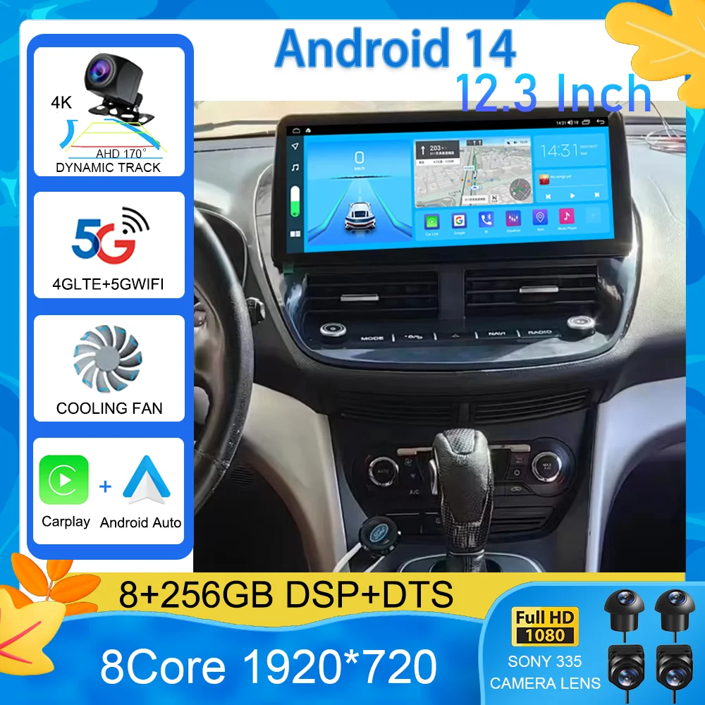 

10,1-дюймовый Android 14 для Ford C-MAX Kuga 2 Escape 3 12,3-2012, автомобильное радио, Carplay, GPS-навигация, автомобильный экран, стерео, wi-fi