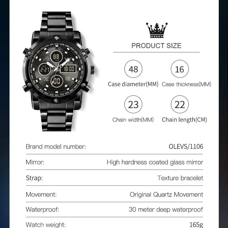 OLEVS Original Men\'s Watches 48mm Big Dial Multifunctional Chronograph Stainless steel Waterproof Luminous Quartz Watch for Men