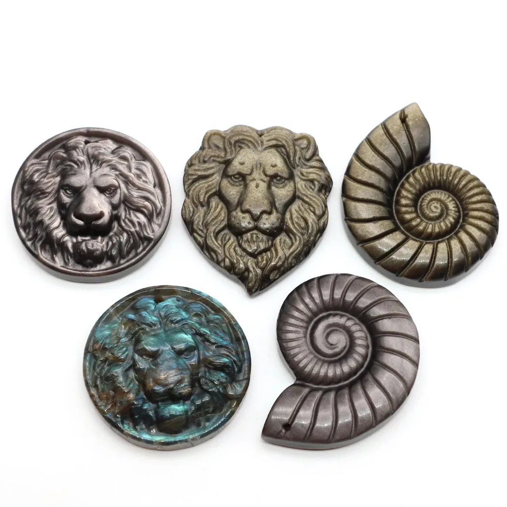 Naturstein Löwenkopf-Anhänger Labradorit Obsidian Tigerauge Geschnitzter Edelstein für Schmuckherstellung DIY Halsketten-Zubehör – Detail 3