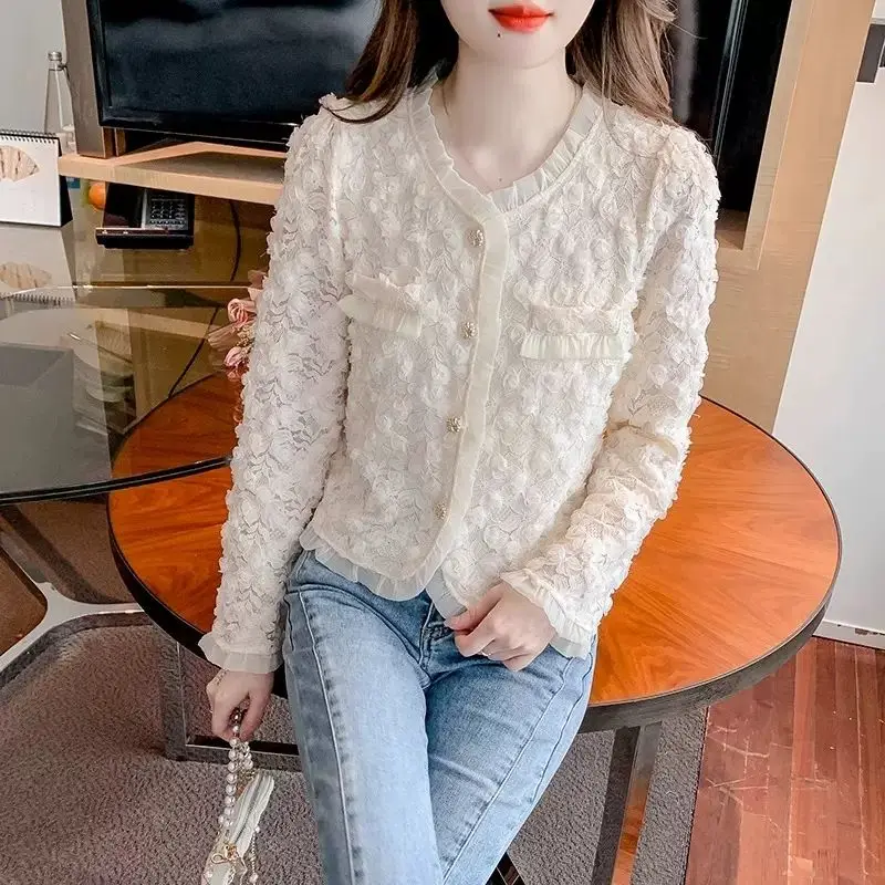 

Кружевная куртка-рубашка для женщин с длинными рукавами, новый модный и элегантный универсальный топ