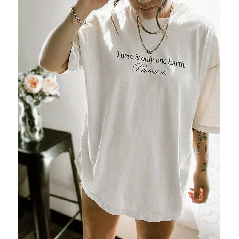 There is Only One Earth Protect it Slogan Printing Short Sleeve T shirts Female 2023 Summer Cotton Oversize Casual Tops Tees