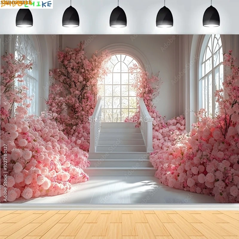 

Wedding With Grand White Floral Archway Photography Backdrops Church Luxurious White Room Window Photo Background HL-08