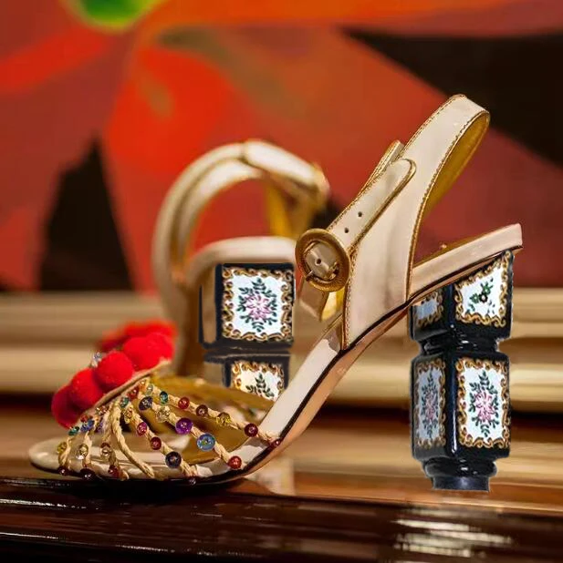 Luxury Pompon Flower Floral Cube High Heels Sandals Peep Toe Gem Crystal Multi Sequins Strap Cutout Woman Banquet Dress Shoes