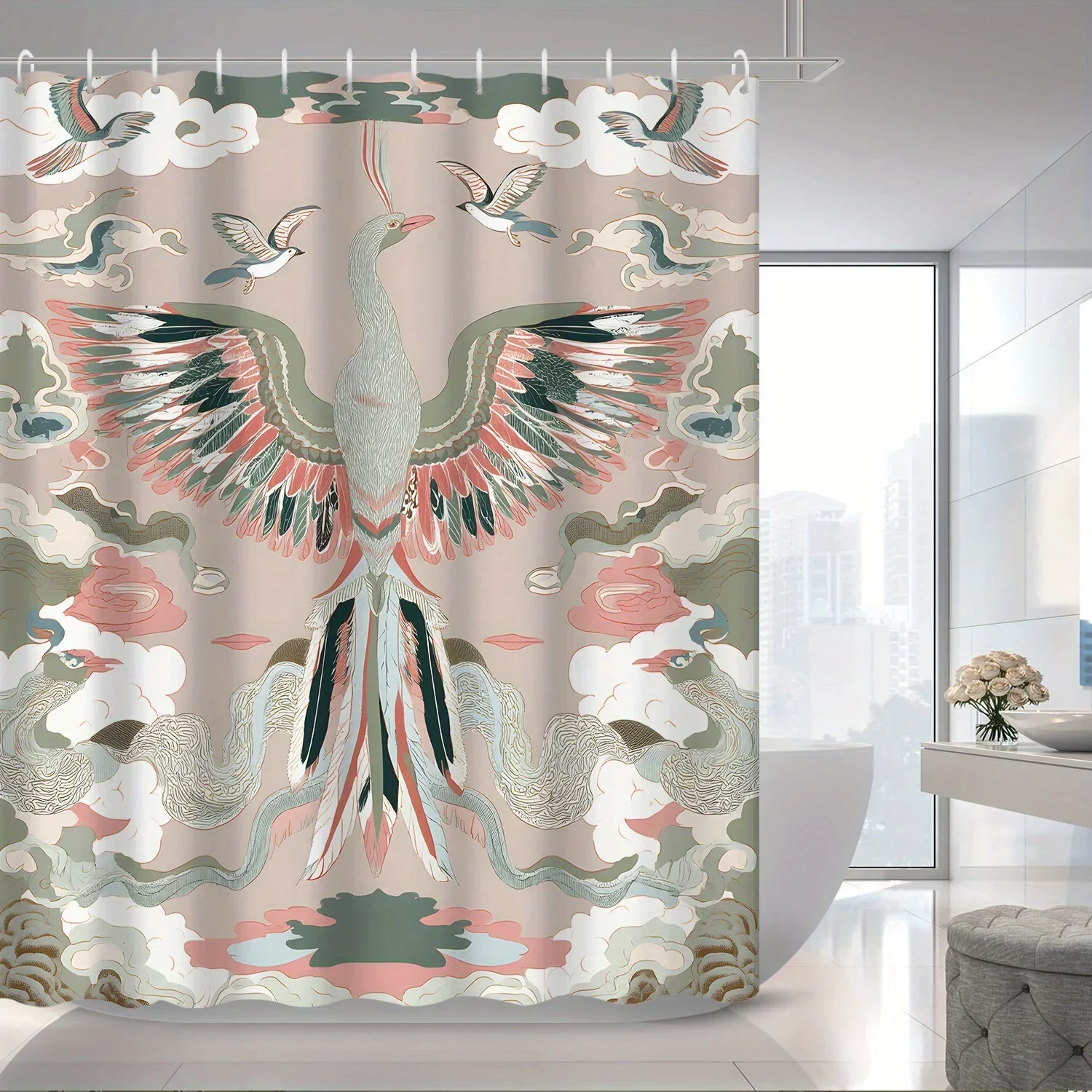 1pc Chinese Mythology Theme Phoenix Shower Curtain, Bathroom Decorative Partition Curtain with 12 Hooks, Includes Bath Mat andVV