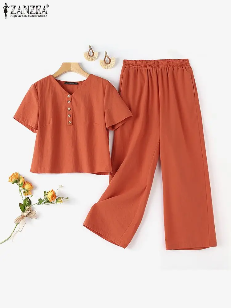 ZANZEA Fashion Women Tracksuits 2pcs Outfits Summer Blouse and Pants Short Sleeve Tops & Trouser Suit Casual Solid Matching Sets