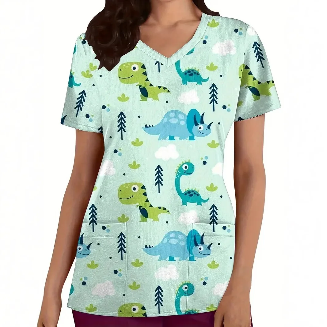 Medical nursing clothes cute cartoon dinosaur 3D printed women's versatile slim fit V-neck pullover short sleeved pocket T-shirt