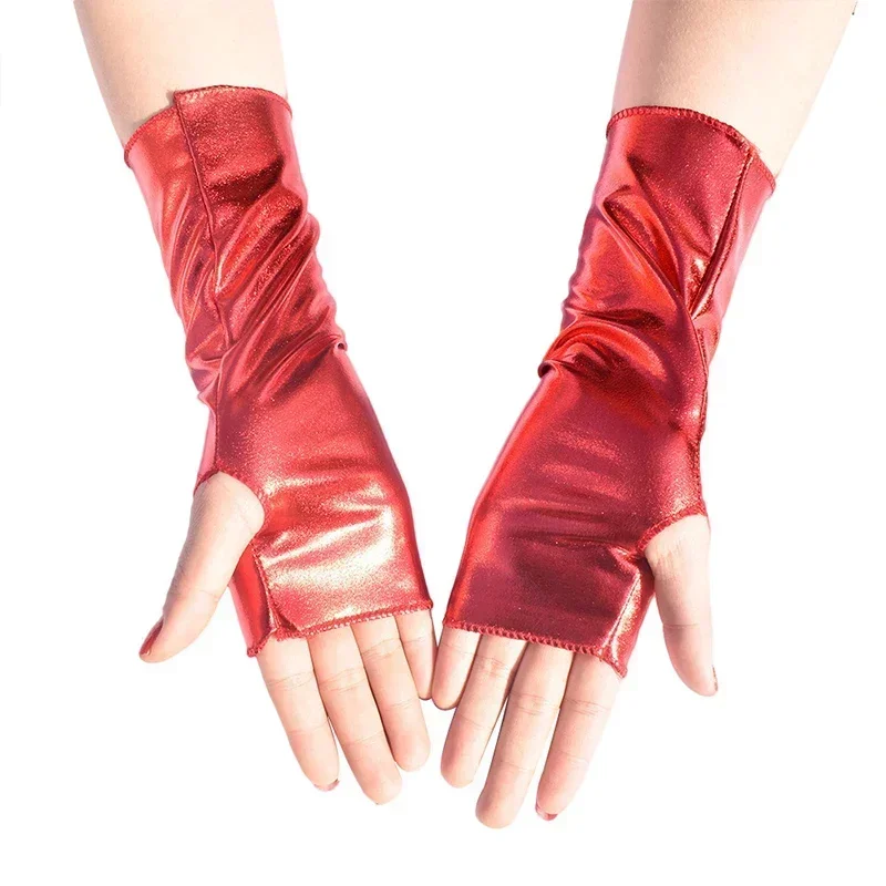 Gold Color Wet Look Fake Leather Metallic Gloves Evening Party Performance Mittens Women Sexy Elbow Length Long Latex Gloves