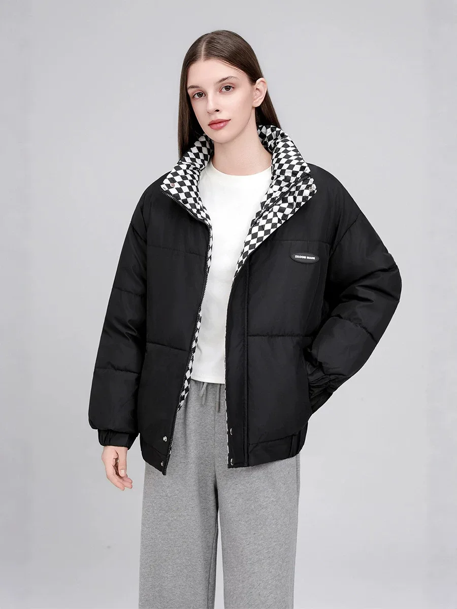 Retro Checkered Hooded Zip Up Padded Women's Winter Jacket Loose Thick Warm Street Daily Commute Travel Quilted Puffer Coat