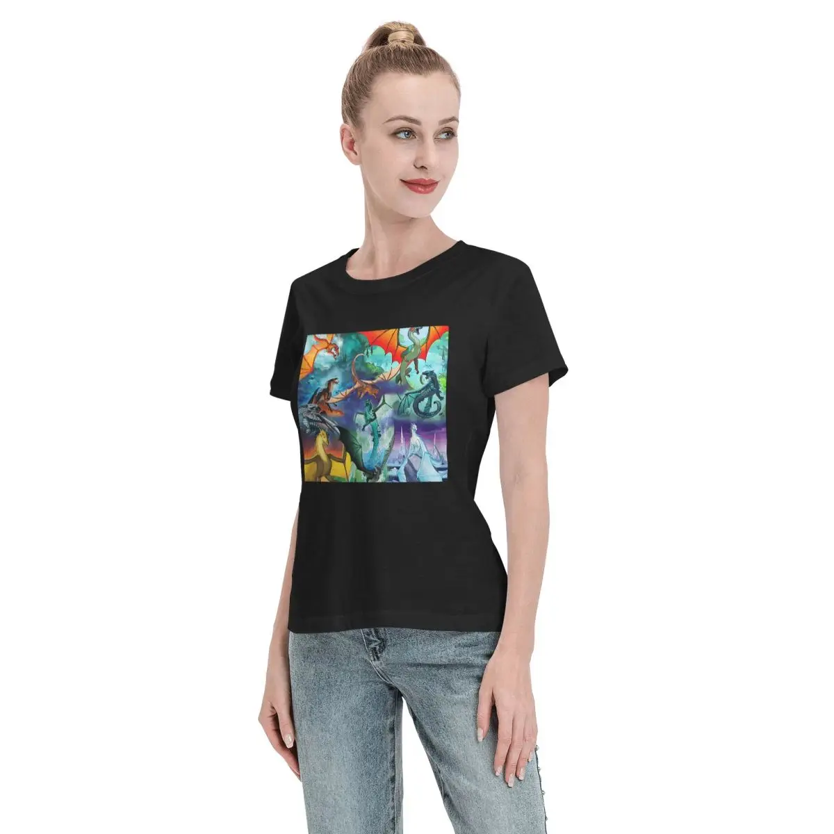 Camiseta feminina asa de fogo todo dragão padrão fundo verão manga curta camisetas em torno do pescoço roupas topos streetwear