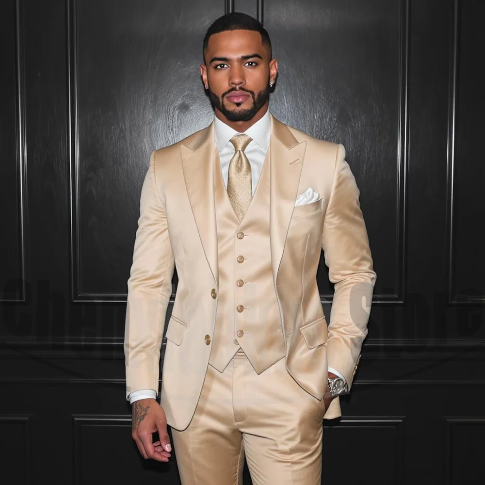 

Men's Satin Suit Set Fashion Single Breasted Peak Lapel Wear Wedding Groom Party Outfit Elegant Tailored Male Suit Three Piece