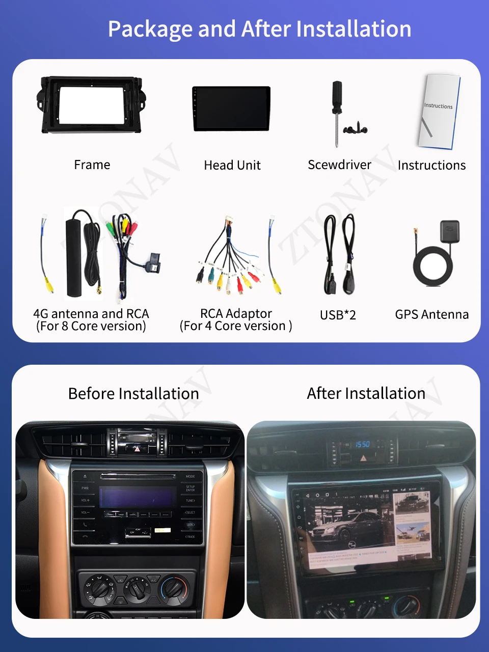 Car Radio Stereo For Toyota Fortuner 2 2015 2016 2017 2018 2019 2020 Headunit Carplay Android Auto Support 360 Camera