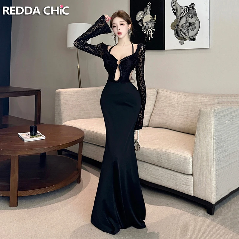 

Элегантное черное платье ReddaChic с кружевными вставками, вырезами, разрезом на спине, рукавами-колокол, силуэтом «русалка», облегающее, макси, для вечеринок и ночных клубов
