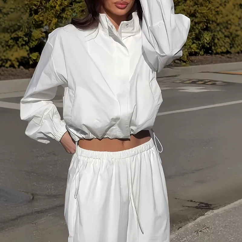 Autumn New Button Outfits Fashion Stand Collar Long Sleeve Jacket And Pants Sets Elegant Lady Solid Color Loose Sportwear Sets