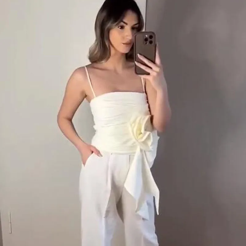 TRAF Flower Crop Tops Woman Ruched Off Shoulder Tank Top Women Summer Backless Sexy Tops Streetwear Corset Y2K Camisole Top