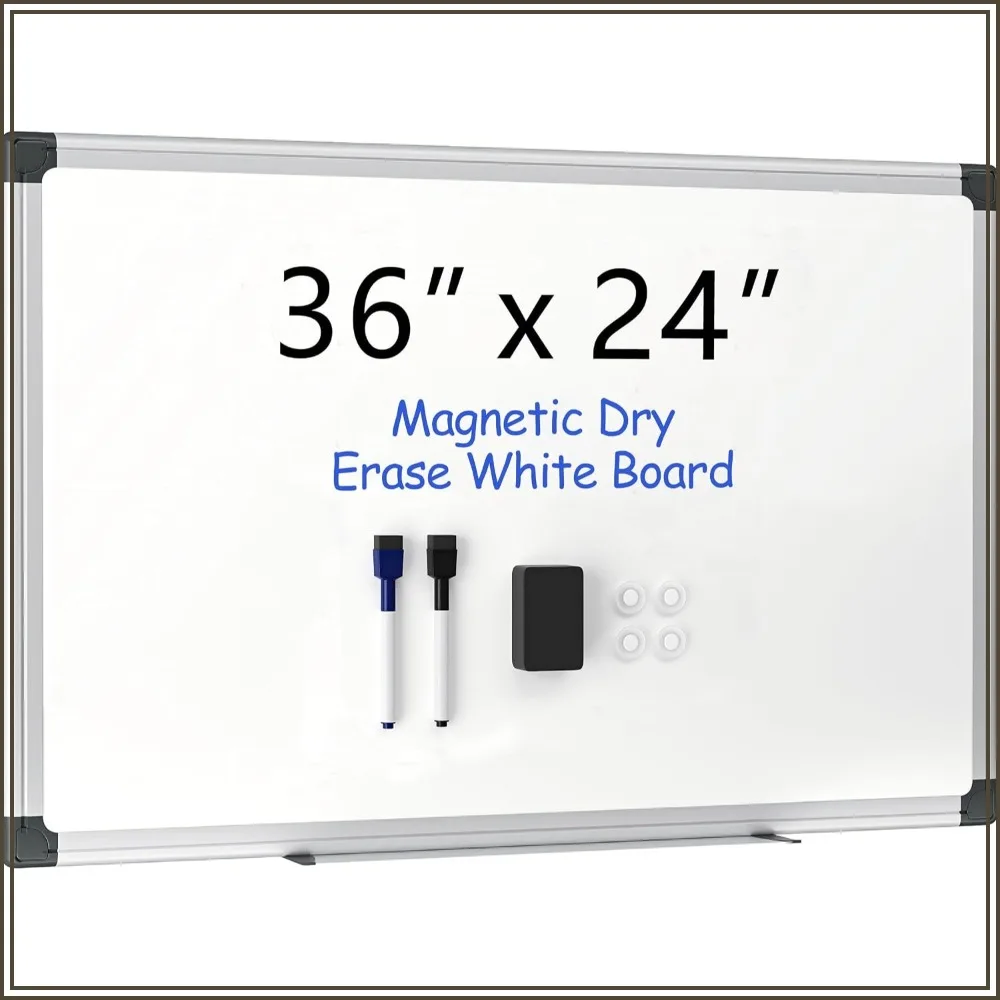 36x24 Magnetic Whiteboard for Wall, Dry Erase Board with Silver Aluminum Frame, Hanging White Board for Office Home Classroom – Includes 1 Eraser, 2 Markers & 4 Magnets
