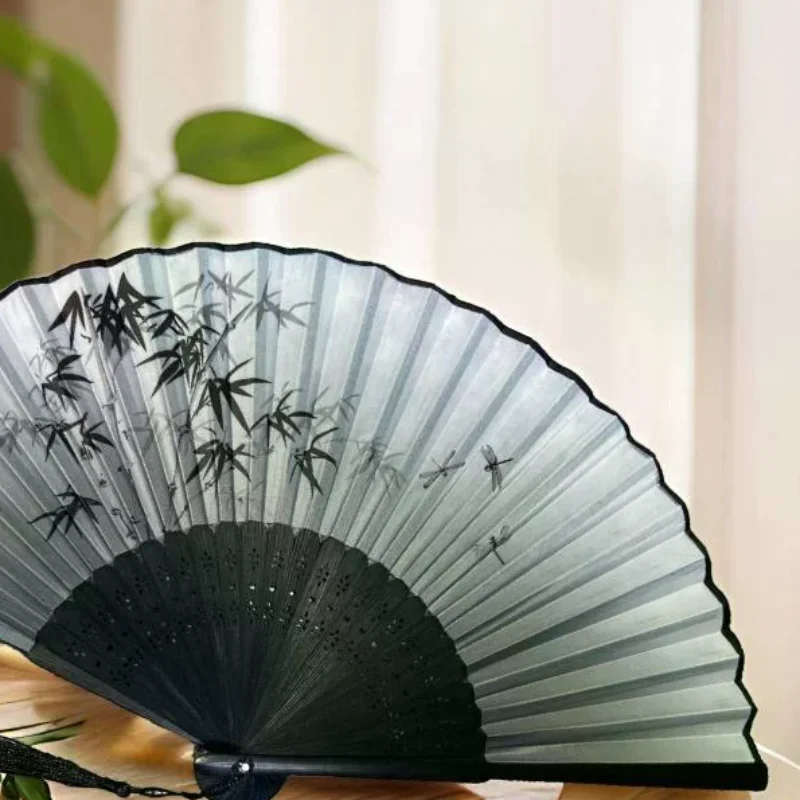 Collectible Chinese Folding Silk Fan Willow Pattern Bamboo Ribs Tassel for Cosplay Enthusiasts Cooling Collection