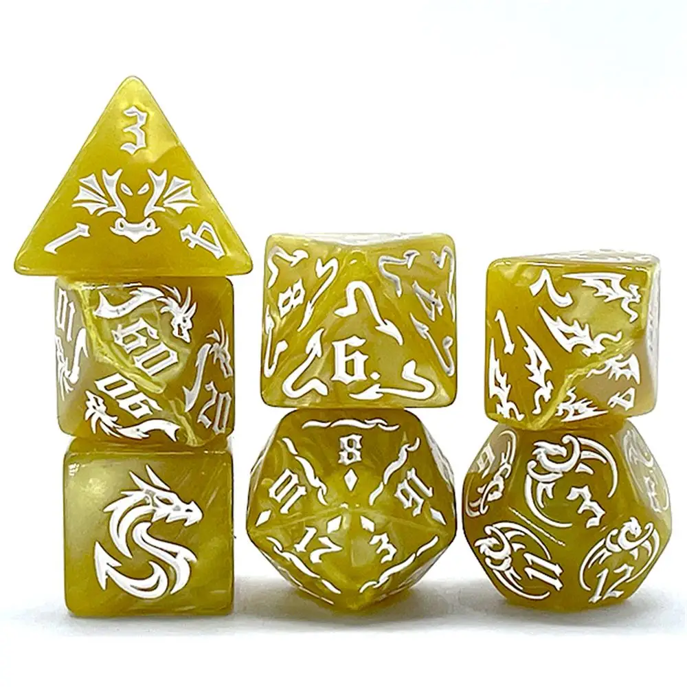 7Pcs Yellow Swirl Acrylic DND Dice Set White Embossed Dragon Pattern Polyhedral RPG Dice For Tabletop Role Playing Board Game Ac