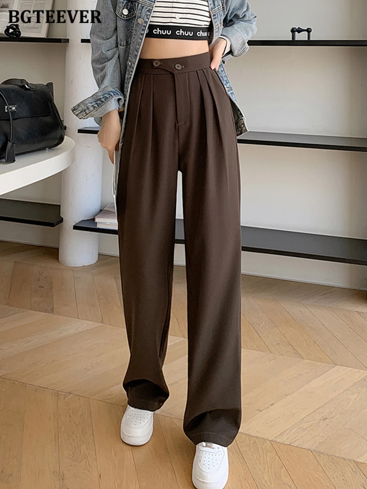 BGTEEVER Elegant High Waist Loose Pockets Female Wide Leg Suit Pants Spring Summer Stylish Solid Straight Trousers Women