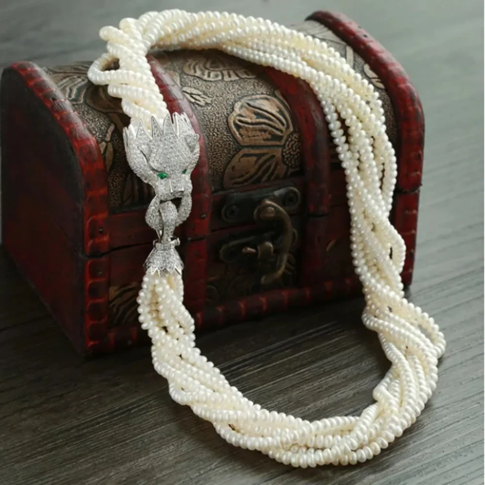 Hand knotted necklace 6 strands versatile 4-5mm 44-48cm white freshwater pearl necklace zircon leopard head clasp