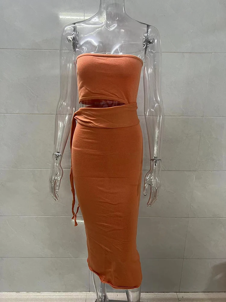 Y2K-vestido de punto con cordones para mujer, vestido de punto a la moda sin tirantes, ceñido al cuerpo, Top de tubo con abertura por debajo de la rodilla