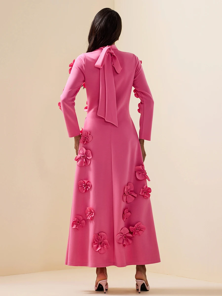 CHICEVER Elegant Spliced Appliques Maxi Dress for Women Stand Collar Long Sleeves High Waist Folds Guest Wedding Dresses Female