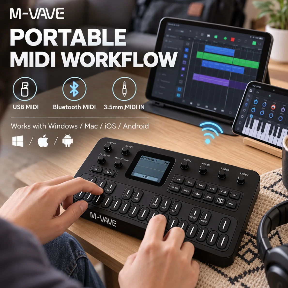 SIHAO Portable Sound Source M VAVE FM 1 FM Synthesizer Handheld Music Keyboard 128 Presets Built in Speaker Rechargeable Battery