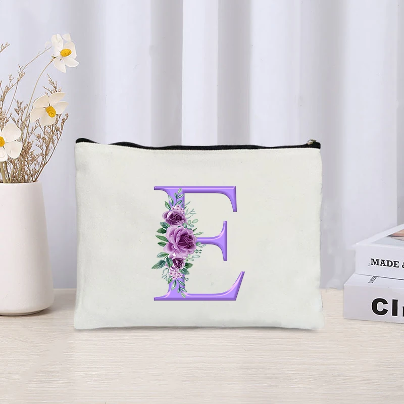 Purple Flower Initials Cosmetic Bag Travel Storage Toiletry Bags Perfume Lipstick Pouch Bride Makeup Bags Wedding Birthday Gifts