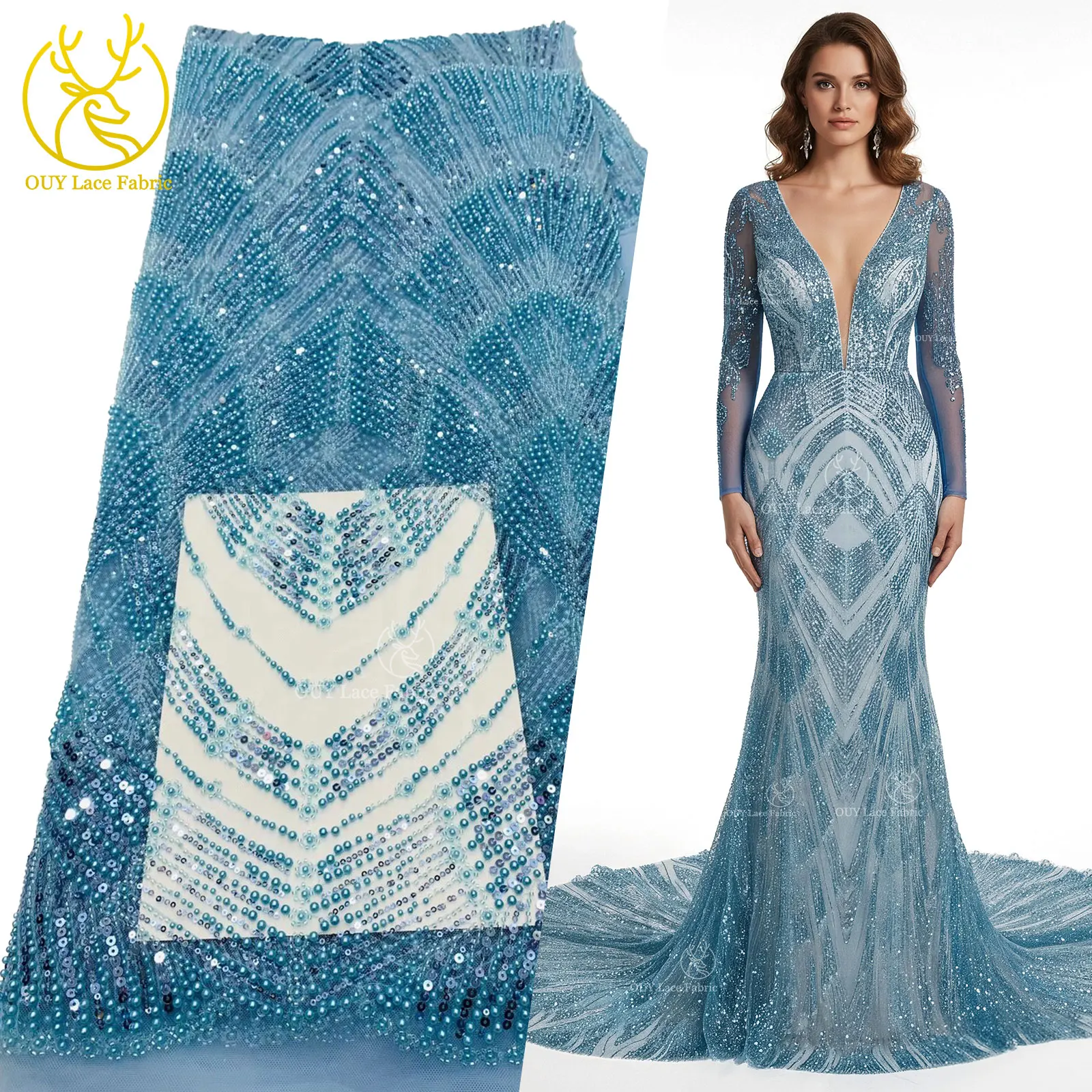 

Latest African Beaded Mesh Lace Fabric 2026 High-Quality Nigerian French Sequined Stitched Wedding Party Dress Lace Material