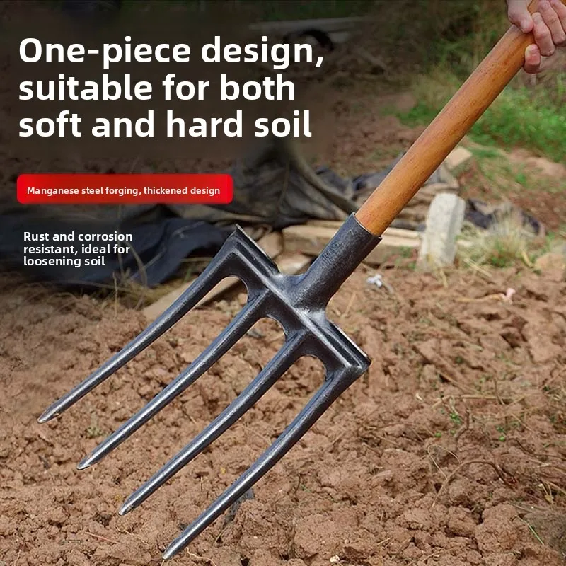 أداة حراثة بأربعة أسنان فولاذية مع مقبض خشبي، أداة فولاذية بالكامل لتفكيك التربة في حدائق الخضروات، أداة رمزية ثقافية للتشيجونغ #3