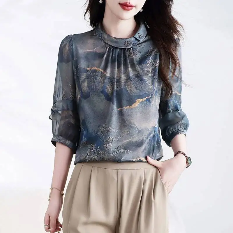 

Summer New Mid Sleeved Elegant Gentle Lace Print High End Temperament Loose Slim Top For Women