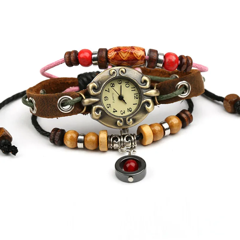 

Часы с кожаным браслетом, украшения из воловьей кожи с бисером. Кожаные часы, модные часы в стиле ретро.