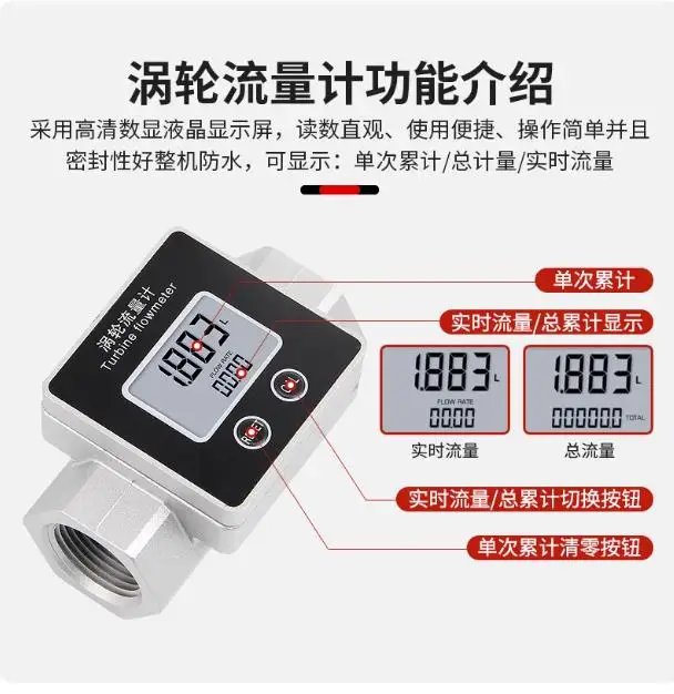 Black turbine flowmeter, diesel  methanol water liquid, high gear gauge, stainless steel
