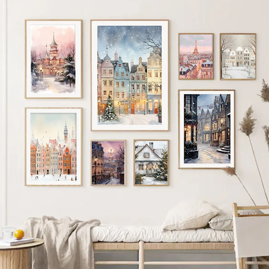 Minimalistische Leinwandposter Romantischer Winter Schnee bei Nacht in Paris Schneehaus Weihnachtsbaum Mode Wandkunst Home Room Decor