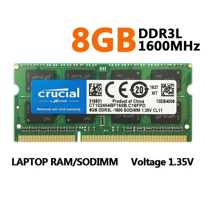 Ram crucial ddr3 ddr3l 8gb 1333mhz 1600mhz 1866mhz sodimm ram PC-10600 12800 14900 1.5v 1.35v 204pin para a memória do caderno do portátil