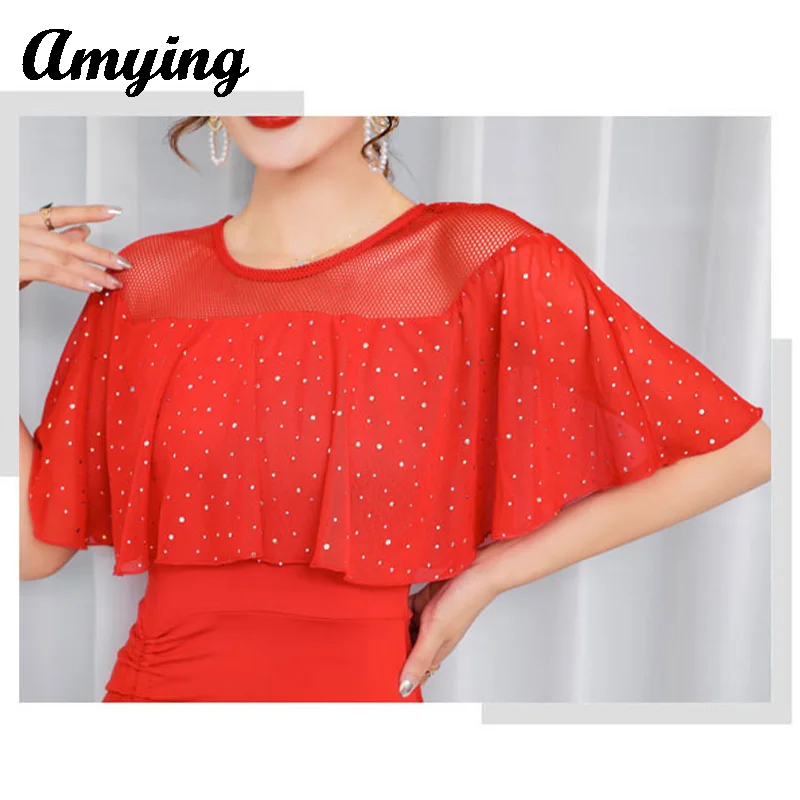 New Women Latin Dance Competition Performance Dress Square Dance Practice Clothing Ballroom Salsa Rumba Short Sleeve Dress