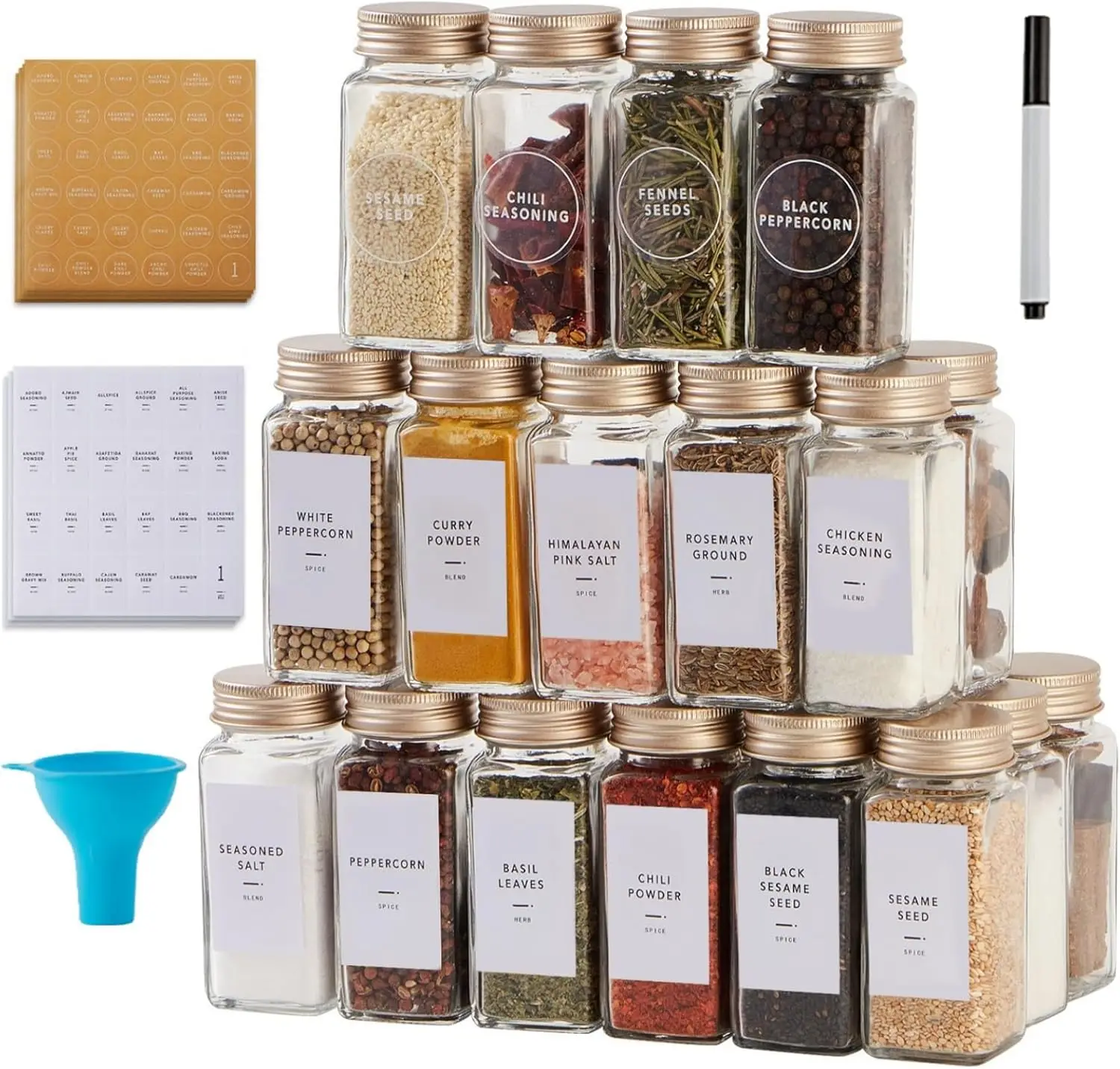 25 Glass Spice Jars with Gold Lids, Shaker Tops, Funnel, Labels & Pen, 4oz Square Containers for Kitchen Storage