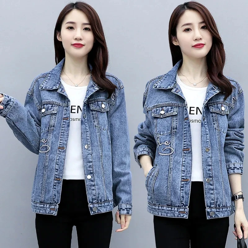 Jaket Jeans biru Korea wanita, atasan kasual Bomber dada tunggal, mantel Denim longgar huruf bordir musim gugur