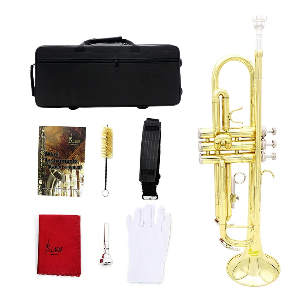 SLADE Brass Trumpet Bb B Flat Trumpette Professional Musical Trompeta Wind Instrument with Case Mouthpiece Glove Cleaning Cloth