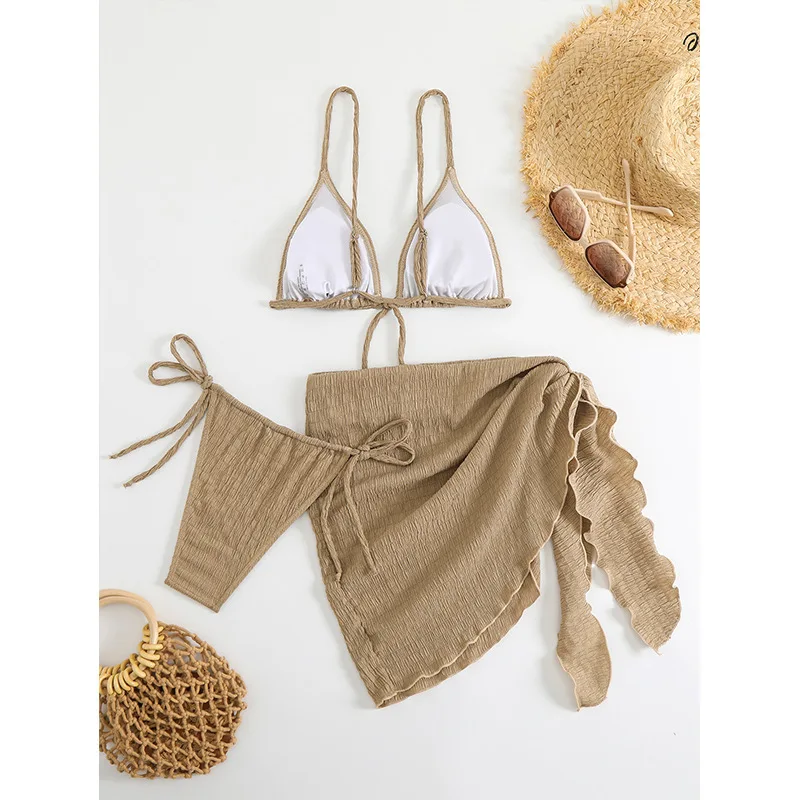 3 Piece Bikini Women Swimsuits 2025 Female Swimwear Beachwear Swimming Bathing Suit Cover Up String Bikini Set Triangle Biquini