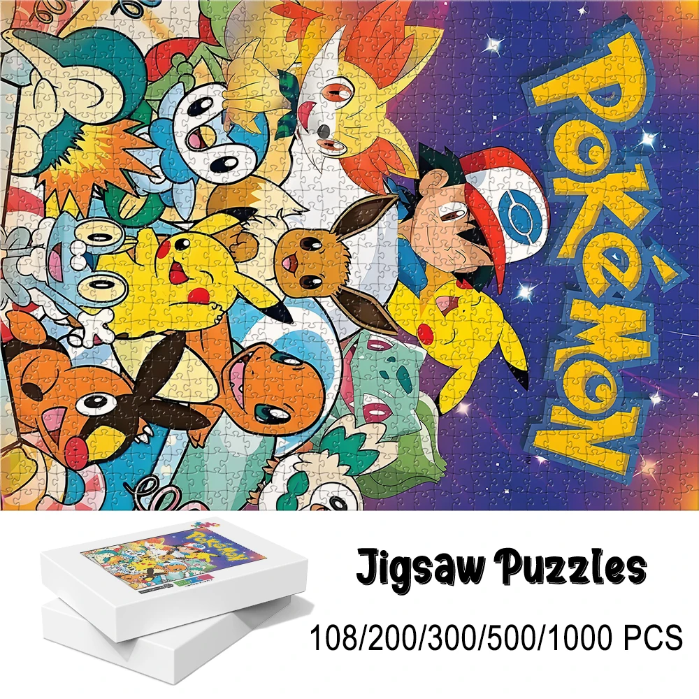 Pokemon Theme Wooden Puzzle Game -108/200/300/500/1000 Pieces Optional, Assembly Fun, Room Decoration