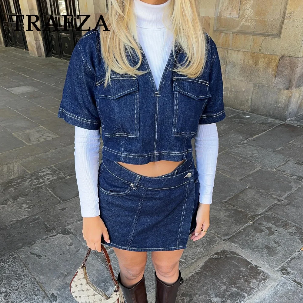 TRAFZA 2024 Spring Summer Casual Denim Women Suits Fashion Pockets V Neck Pullover Half Sleeve Shirts+Chic Mini Shorts Skirts