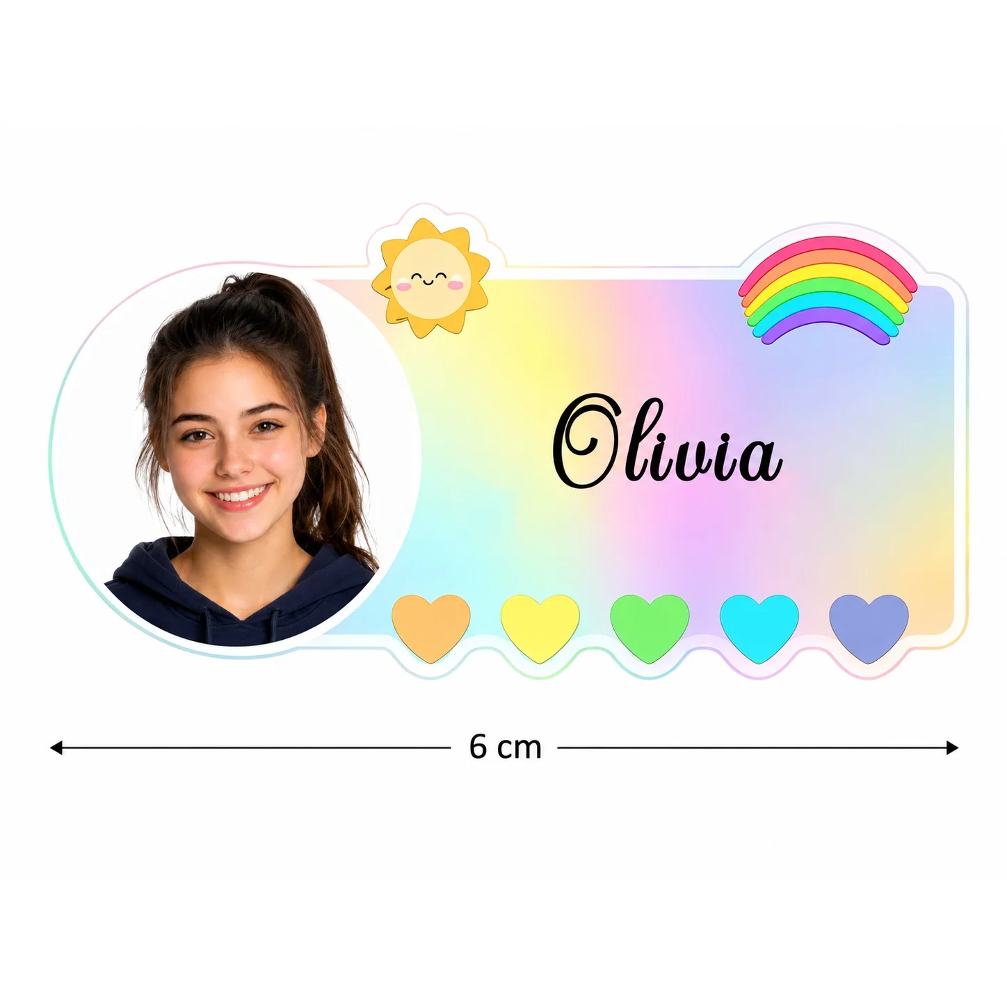 Customized Photo Name Holographic Stickers｜Personalized Laser Name Labels, Suitable for School Supplies, Office Storage, Gifts, and Event Decorations, with a Cute Rainbow Sun Design
