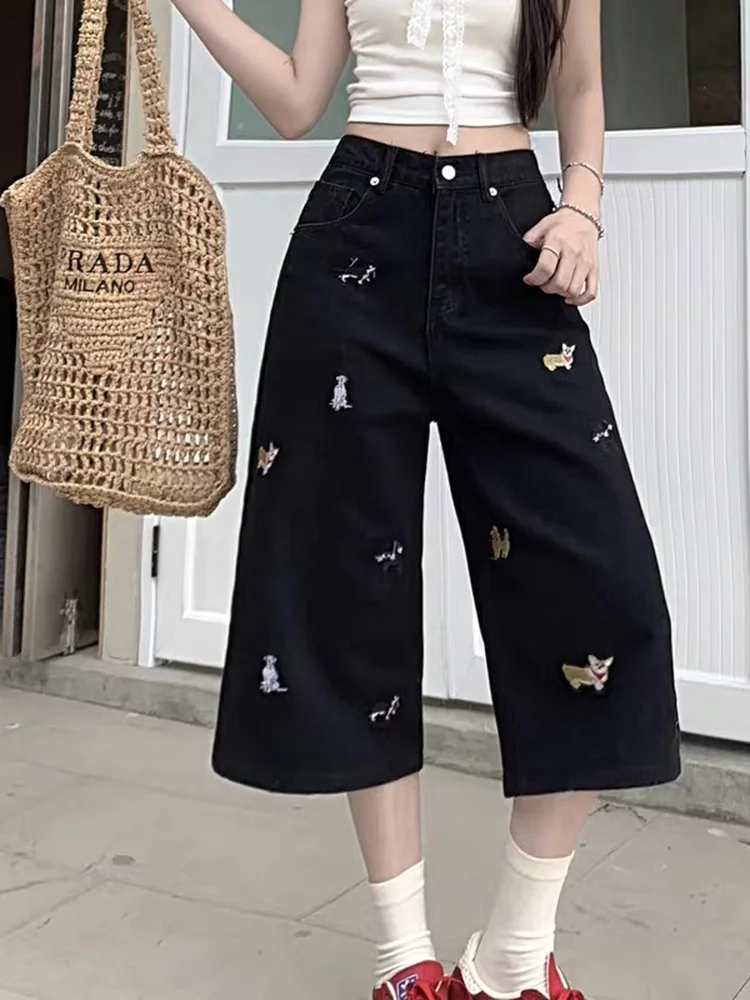 

Large Size Embroidered Denim Jeans High Waist Mid-Calf Wide Leg Pants Women's Summer New Design Black Knee-High Small Size